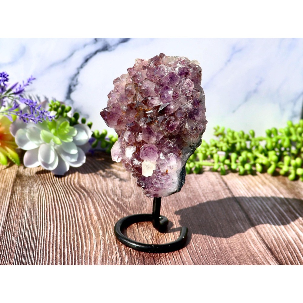 Amethyst Crystal Cluster with Calcite‎ on Display Stand